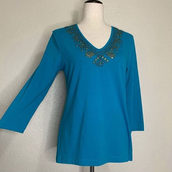 Chico’s Beaded Embellished Blue V-neck 3/4 Sleeves Top - Picture 2 of 13